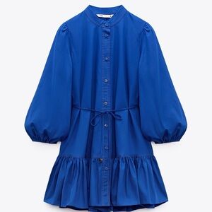 Zara Blue mini dress with tie belt. Worn only twice! Size small